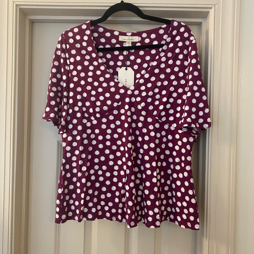 NWT Seasalt Cornwall Purple with White Polka Dot V-Neck Top size 12